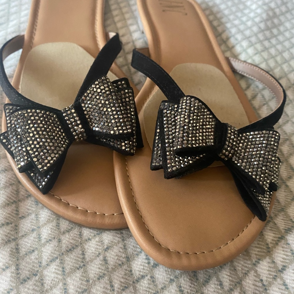 INC International Concepts Black Sandals with Rhinestone Bow - Picture 2 of 4